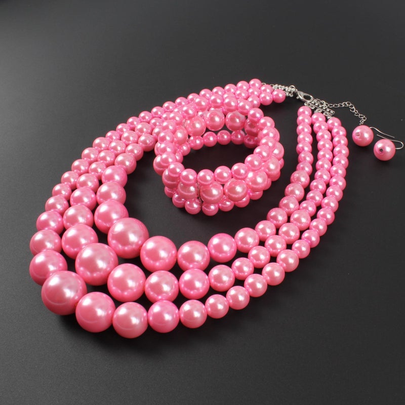 KOSMOS-LI Large Pearl Jewelry Set Stocking Stuffers 3 Layer Simulated Pink Pearl Women's Statement 18" Necklace Bracelet and Earrings - Image 4